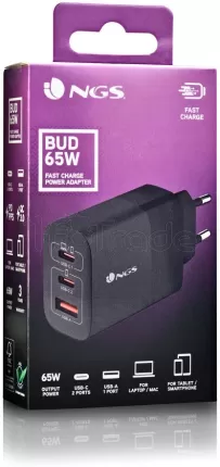 Photo de Chargeur secteur NGS Bud 2x USB-C + 1x USB-A 65W (Noir)