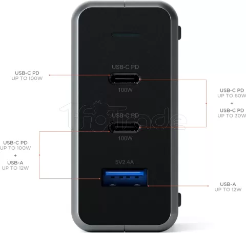 Photo de Chargeur secteur Satechi Compact GaN Charger 1x port USB-A + 2x port USB-C 100W (Argent)