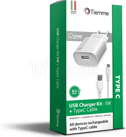 Photo de Chargeur secteur Tiemme 1 port USB 5W + Cable USB-A vers USB-C 1m (Blanc)