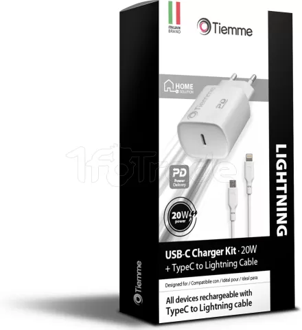 Photo de Chargeur secteur Tiemme 1 port USB-C + Cable USB-C vers Lightning (Blanc)