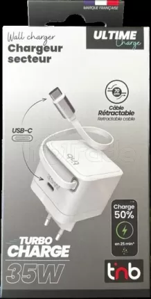 Photo de Chargeur secteur T'nB Tug'n Block 2x USB-C avec câble rétractable 35W (Blanc)