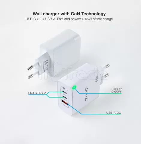 Photo de Chargeur secteur TooQ 1x port USB-A + 2x ports USB-C 65W (Blanc)