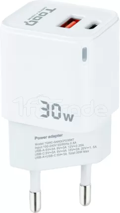 Photo de Chargeur Secteur Tooq TQWC-GANQCPD30WT 1x USB-A + 1x USB-C 30w (Blanc)