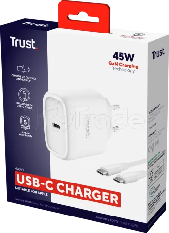 Photo de Chargeur secteur Trust Maxo 1x port USB-C - 45W- Cable 2m inclus (Blanc)