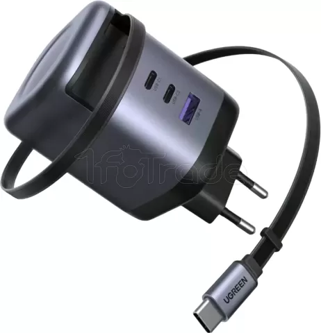 Photo de Chargeur secteur Ugreen 1x USB-A + 1xUSB-C + 1x USB-C rétractable 65W (Noir/Gris)