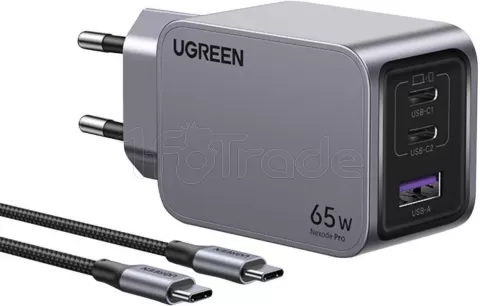 Photo de Chargeur secteur Ugreen Nexode Pro 1x USB-A +  2x USB-C 65W (Gris) + cable USB-C