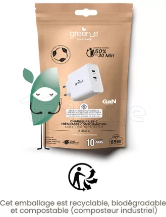 Photo de Chargeur secteur Universel Green-e 2x USB-C - 65W (Blanc)