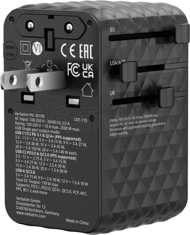 Photo de Chargeur secteur universel Verbatim Charge 'n' Travel Diamond 1x USB-A + 3x USB-C 170W (Noir)