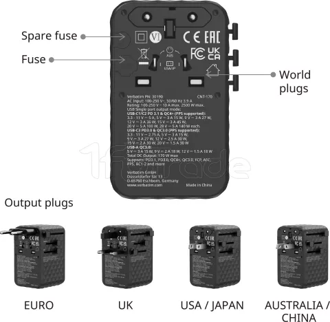 Photo de Chargeur secteur universel Verbatim Charge 'n' Travel Diamond 1x USB-A + 3x USB-C 170W (Noir)
