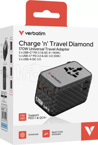 Photo de Chargeur secteur universel Verbatim Charge 'n' Travel Diamond 1x USB-A + 3x USB-C 170W (Noir)