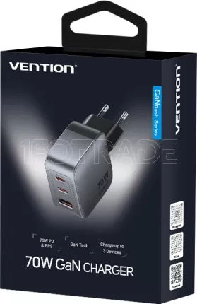 Photo de Chargeur secteur Vention 2x USB-C + 1x USB-A 70W (Gris)