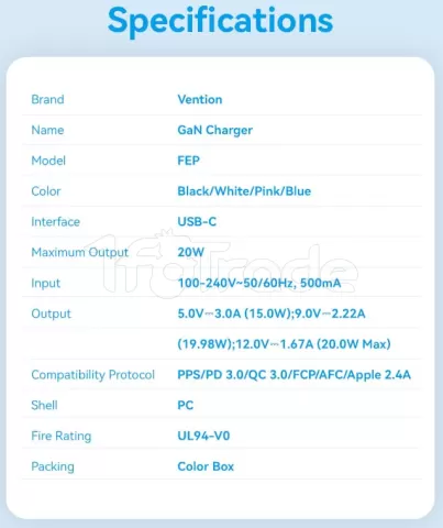 Photo de Chargeur secteur Vention GaN 1 port USB-C 20W (Blanc)