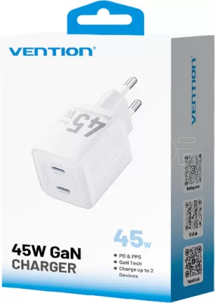 Photo de Chargeur secteur Vention GaN 2x USB-C 45W (Blanc)