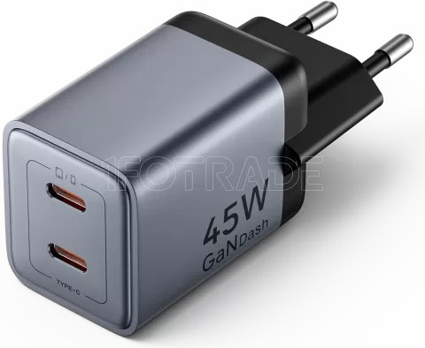 Photo de Chargeur secteur Vention GaN 2x USB-C 45W (Gris)