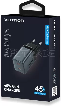 Photo de Chargeur secteur Vention GaN 2x USB-C 45W (Gris)