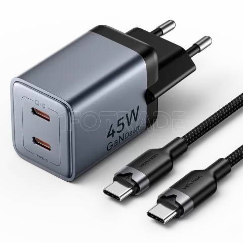 Photo de Chargeur secteur Vention GaN 2x USB-C + Cable USB-C 1m 45W (Gris)