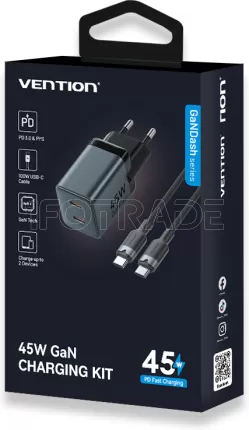 Photo de Chargeur secteur Vention GaN 2x USB-C + Cable USB-C 1m 45W (Gris)