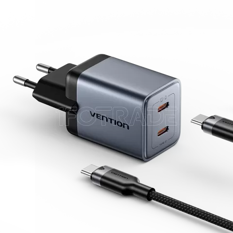 Photo de Chargeur secteur Vention GaN 2x USB-C + Cable USB-C 1m 45W (Gris)