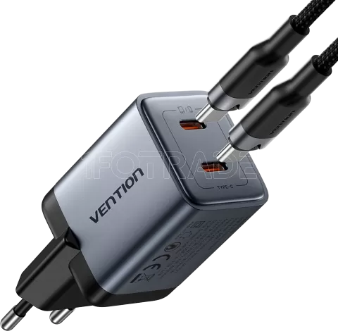 Photo de Chargeur secteur Vention GaN 2x USB-C + Cable USB-C 1m 45W (Gris)