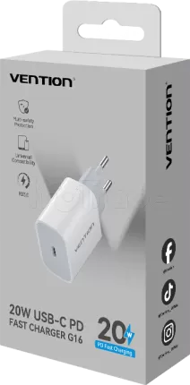 Photo de Chargeur secteur Vention USB-C + Cable USB-C M/M 1m 20W (Blanc)