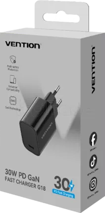 Photo de Chargeur secteur Vention USB-C + Cable USB-C M/M 1m 30W (Noir)