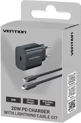 Photo de Chargeur secteur Vention USB-C + Cable USB-C vers Lightning 1m 20W (Noir)