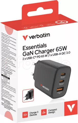 Photo de Chargeur secteur Verbatim Essentials GaN 2x USB-C + 1x USB-A 65W (Noir)