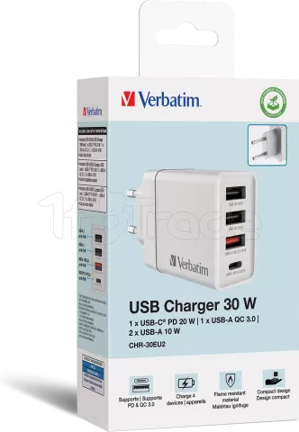 Photo de Chargeur secteur Verbatim GaN 3x ports USB-A + 1x port USB-C 30W (Blanc)