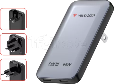 Photo de Chargeur secteur Verbatim GaN Essentials Slim 2x USB-C 65W (Gris)