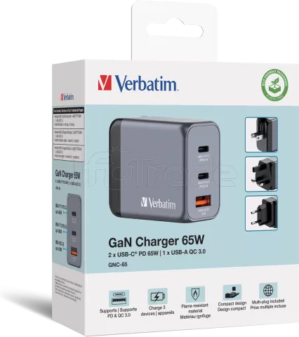 Photo de Chargeur secteur Verbatim GNC 1x port USB-A + 2x ports USB-C 65W (Noir)