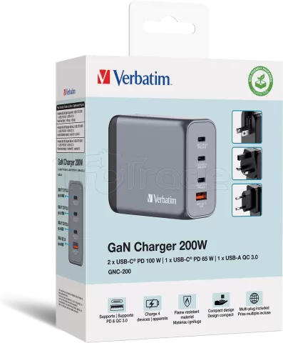 Photo de Chargeur secteur Verbatim GNC 1x port USB-A + 3x ports USB-C 200W (Noir)