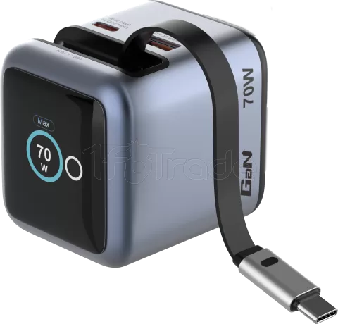 Photo de Chargeur secteur Verbatim Mini GaN 1x USB-A + 1x USB-C + 1x USB-C rétractable 70W (Gris)
