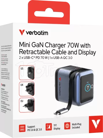 Photo de Chargeur secteur Verbatim Mini GaN 1x USB-A + 1x USB-C + 1x USB-C rétractable 70W (Gris)