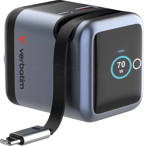 Photo de Chargeur secteur Verbatim Mini GaN 1x USB-A + 1x USB-C + 1x USB-C rétractable 70W (Gris)