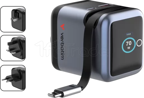 Photo de Chargeur secteur Verbatim Mini GaN 1x USB-A + 1x USB-C + 1x USB-C rétractable 70W (Gris)