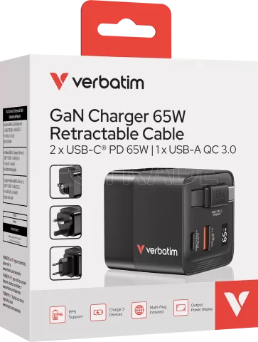 Photo de Chargeur universel Verbatim GaN 1x ports USB-A + 1x port USB-C 65W avec cable rétractable (Noir)