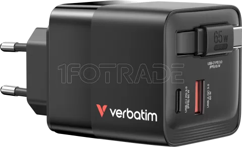 Photo de Chargeur universel Verbatim GaN 1x ports USB-A + 1x port USB-C 65W avec cable rétractable (Noir)