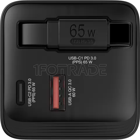 Photo de Chargeur universel Verbatim GaN 1x ports USB-A + 1x port USB-C 65W avec cable rétractable (Noir)