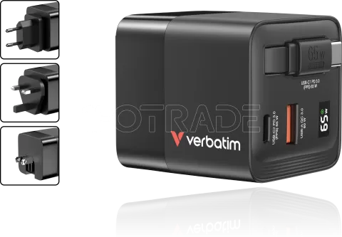 Photo de Chargeur universel Verbatim GaN 1x ports USB-A + 1x port USB-C 65W avec cable rétractable (Noir)
