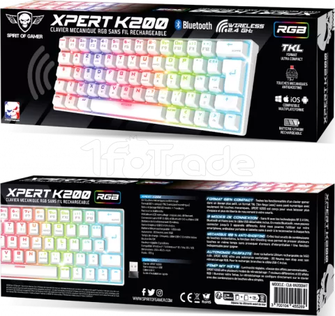 Photo de Clavier Gamer sans fil Bluetooth mécanique (Red Switch) Spirit of Gamer Xpert K200 TKL RGB (Blanc)