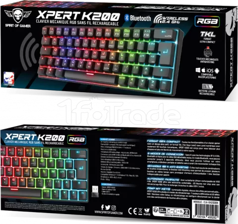 Photo de Clavier Gamer sans fil Bluetooth mécanique (Red Switch) Spirit of Gamer Xpert K200 TKL RGB (Noir)