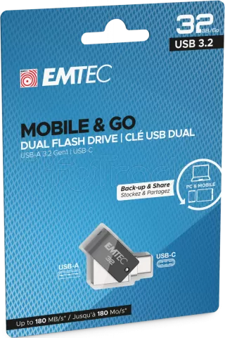 Photo de Clé USB 3.2 Type-A/C Emtec T260C Mobile & Go - 32Go (Noir)