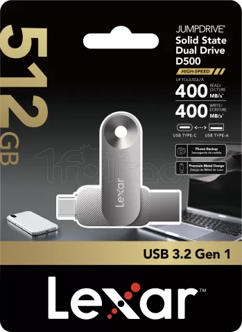 Photo de Clé USB-A/C 3.2 Lexar JumpDrive SSDual Drive D500 - 512Go (Noir)