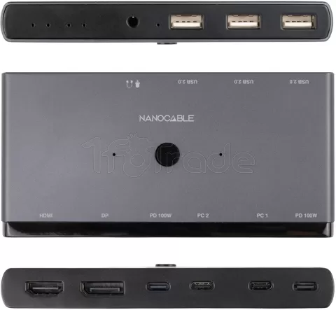 Photo de Commutateur KVM 2 Nanocable ports USB-C avec x3 USB-A, x2 USB-C x1 HDMI x1 DisplayPort