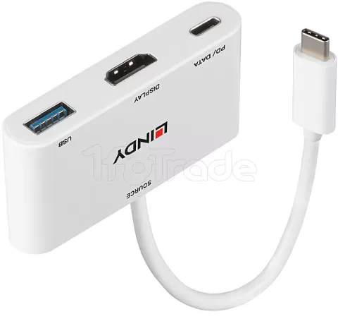 Photo de Convertisseur Lindy USB C mâle vers HDMI femelle & USB A + C femelle (Blanc)