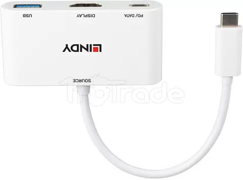 Photo de Convertisseur Lindy USB C mâle vers HDMI femelle & USB A + C femelle (Blanc)