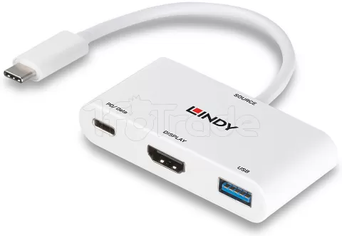 Photo de Convertisseur Lindy USB C mâle vers HDMI femelle & USB A + C femelle (Blanc)