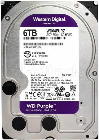 Photo de Disque Dur 3,5" Western Digital Purple Surveillance 6To 256Mo - S-ATA