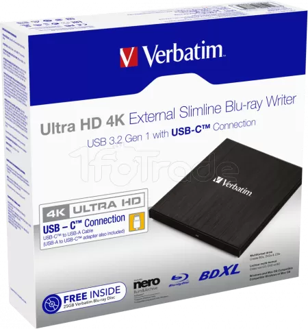 Photo de Graveur Blu-Ray externe USB-C Verbatim Slimline Ultra HD 4K (Noir)