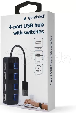 Photo de Hub USB 2.0 Gembird - 4 ports avec interrupteurs (Noir)